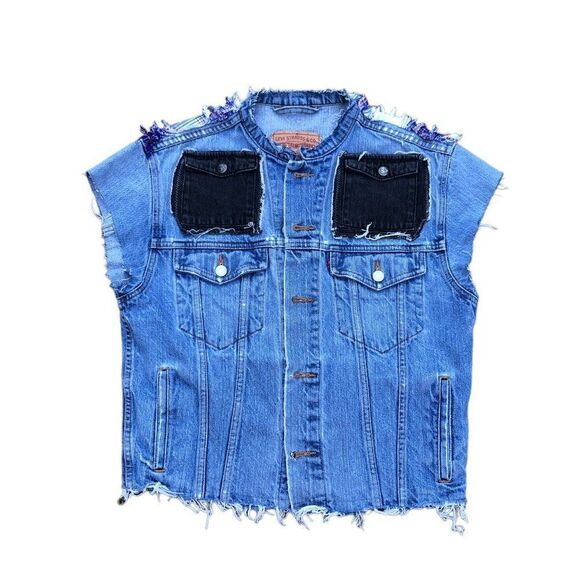 VINTAGE 2004 Levi's Patchwork Denim Jacket Vest Blue Small - Picture 8 of 16